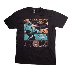 Men's Red City Radio T Shirt Size Large Black Short Sleeve Crew Neck Cotton